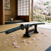Katana sword resting on a wooden stand with scattered cherry blossom petals